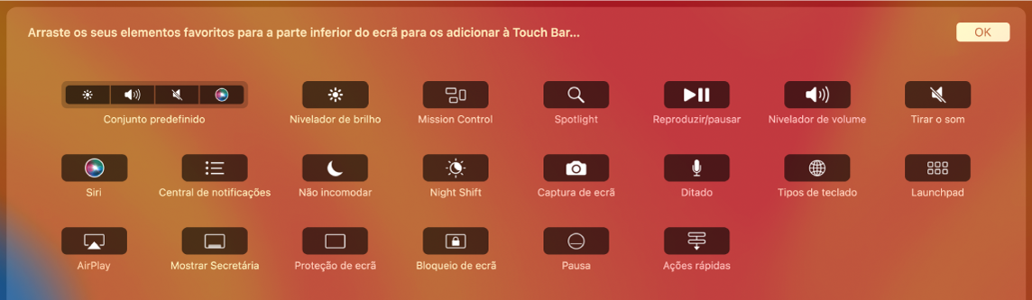 Os elementos que pode personalizar na Control Strip arrastando-os para a Touch Bar.