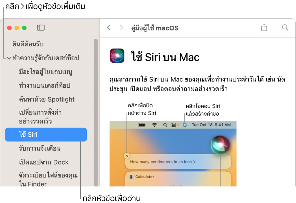 ตัวแสดงวิธีใช้ที่แสดงวิธีการดูหัวข้อต่างๆ จะอยู่ในรายการแถบข้างและวิธีการแสดงเนื้อหาของหัวข้อ