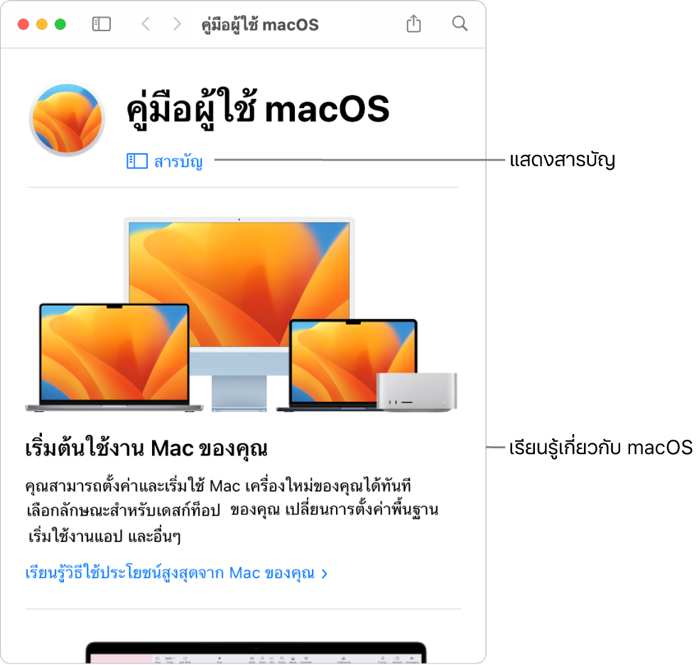 หน้าต้อนรับของคู่มือผู้ใช้ macOS ที่แสดงลิงก์สารบัญ