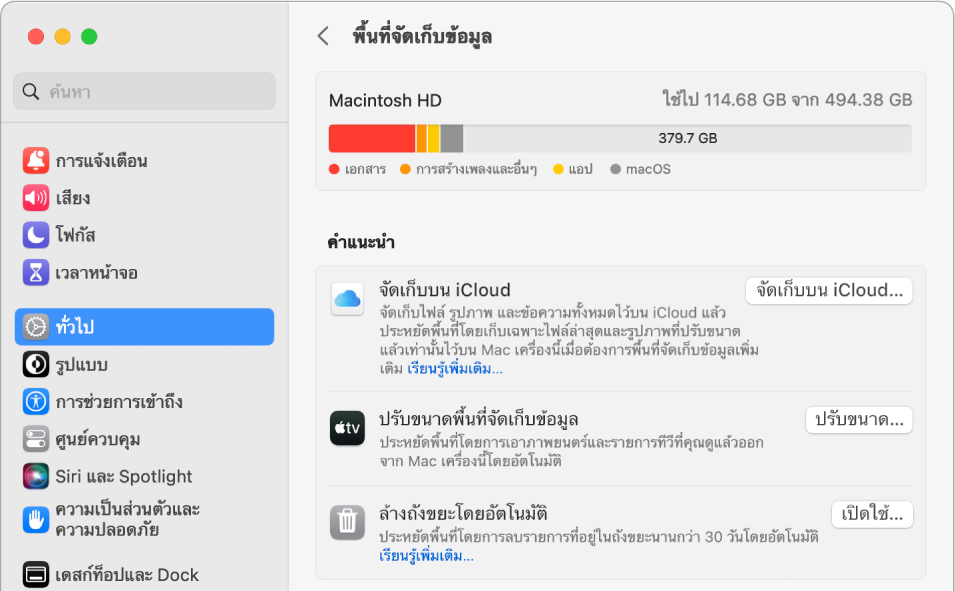 การตั้งค่าคำแนะนำสำหรับพื้นที่จัดเก็บข้อมูลที่กำลังแสดงตัวเลือกพื้นที่จัดเก็บข้อมูลบน iCloud, ปรับขนาดพื้นที่จัดเก็บข้อมูล และล้างถังขยะโดยอัตโนมัติ