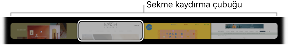 Safari Touch Bar’daki sekme kaydırma çubuğu. Her açık sekmenin kısa bir önizlemesini gösterir.