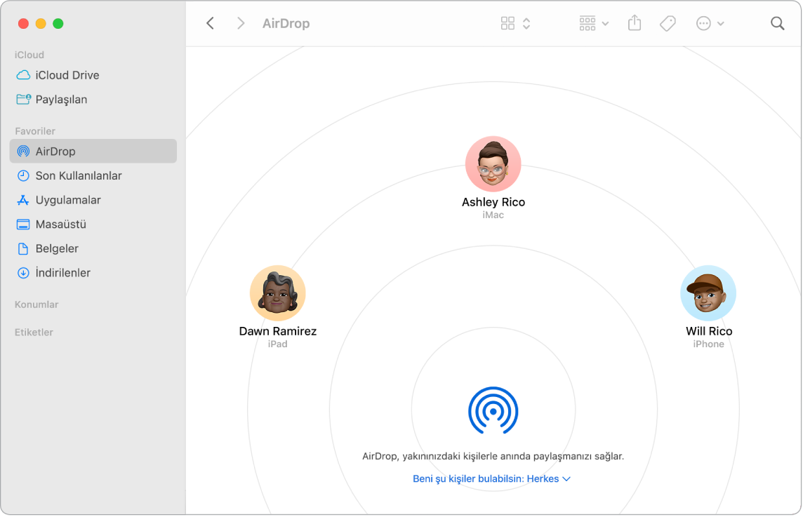 Kenar çubuğunun Favoriler bölümünde AirDrop seçili Finder penceresi.