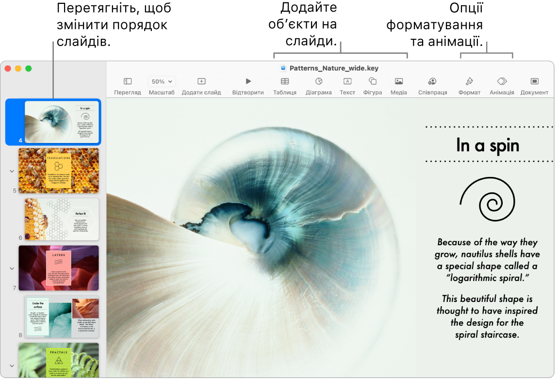 Вікно Keynote з навігатором слайдів зліва з перевпорядкованими слайдами, панель інструментів та інструменти редагування вгорі, кнопка «Співпрацювати» справа вгорі і кнопки «Форматувати» й «Анімувати» справа.