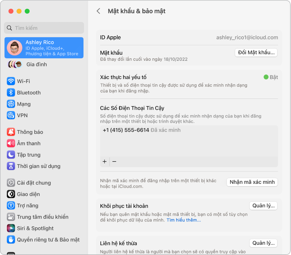 Phần Mật khẩu & bảo mật của ID Apple trong Cài đặt hệ thống. Từ đây, bạn có thể thiết lập Khôi phục tài khoản hoặc Liên hệ kế thừa.