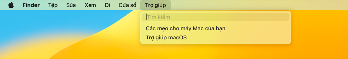 Một phần của màn hình nền với menu Trợ giúp được mở, đang hiển thị các tùy chọn menu Tìm kiếm và Trợ giúp macOS.