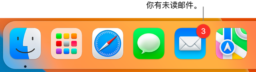 程序坞的一部分，显示包含未读邮件数量标记的“邮件” App 图标。