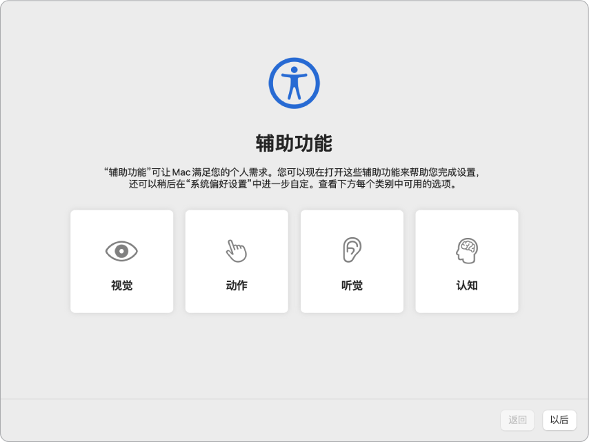 显示“设置助理”中“辅助功能”选项的 Mac 屏幕。
