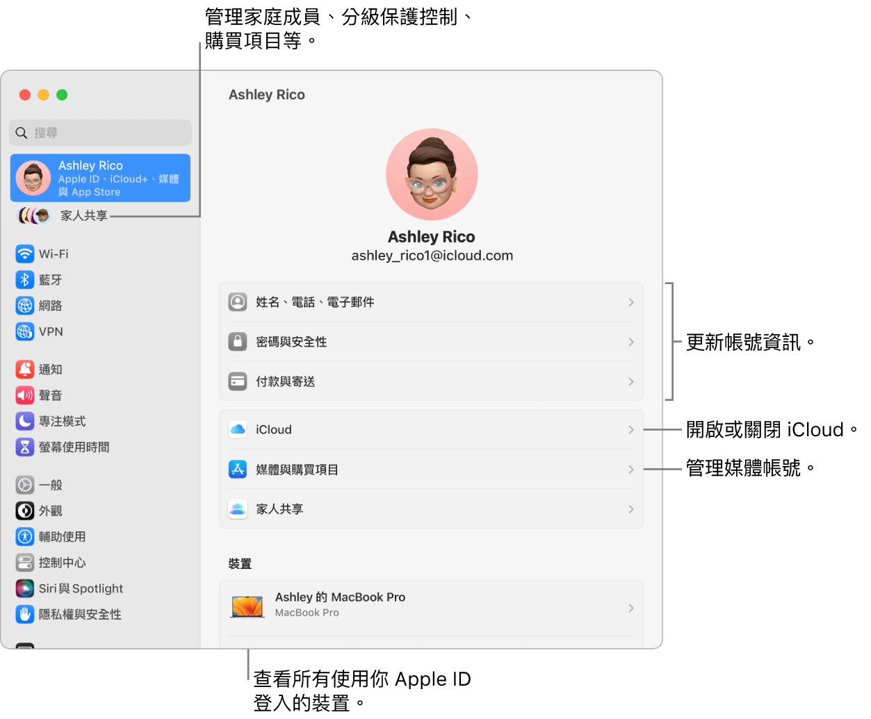 「系統設定」中的 Apple ID 設定包含更新帳號資訊、開啟或關閉 iCloud 功能、管理媒體帳號以及可管理家庭成員、分級保護控制、購買項目和更多內容的「家人共享」的說明框。