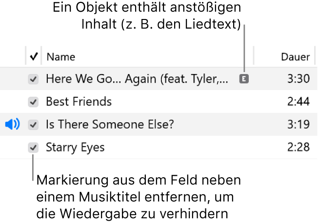 Details der Ansicht „Titel“ im Bereich „Musik“ mit den Kontrollkästchen links und einem Symbol „Anstößig“ für den ersten Titel (was darauf hinweist, dass anstößige Inhalte wie Liedtexte enthalten sind). Durch Deaktivieren des Kontrollkästchens neben einem Titel wird das Abspielen des Titels verhindert.