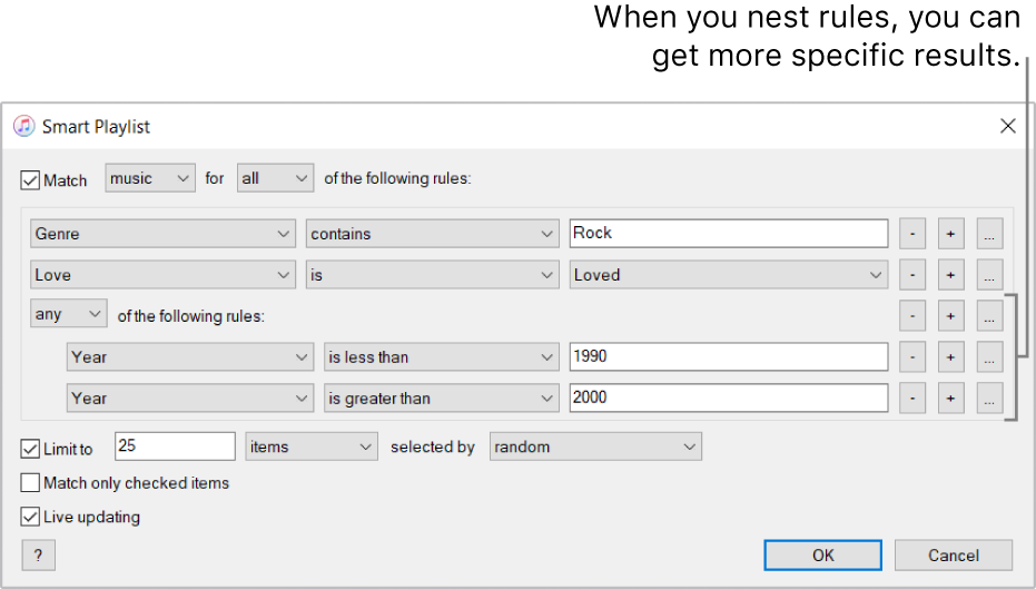 The Smart Playlist window: Use the Nest button on the right to create additional, nested rules to get more specific results.