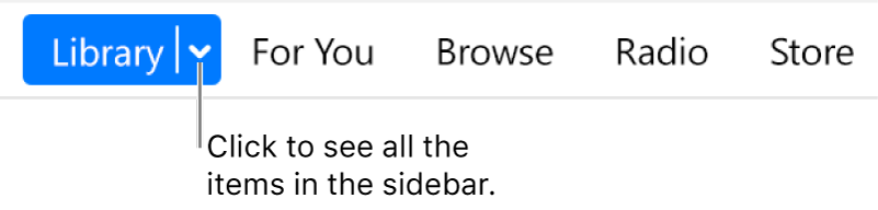 The Library button in the navigation bar, showing the pop-up menu; click it to access all sidebar items when you hide the sidebar.