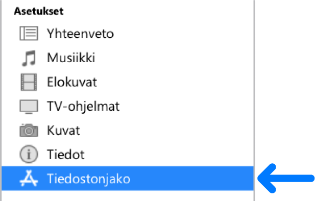 Siirrä tiedostoja tietokoneesi ja laitteesi välillä klikkaamalla laitteen asetuksissa Tiedostonjako.