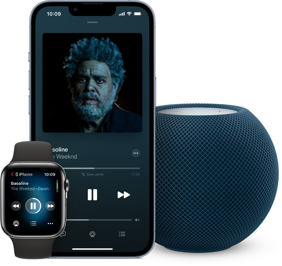 Vue d’une chanson sur Apple Music en lecture sur une Apple Watch, un iPhone et un HomePod mini.