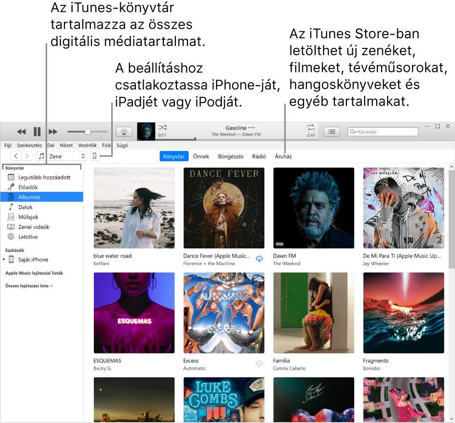 Az iTunes ablak nézete: Az iTunes ablak két panellal rendelkezik. Bal oldalon található a Könyvtár oldalsáv, amely tartalmazza az Ön összes digitális médiatartalmát. Bal oldalon, a nagyobb területen tekintheti meg az Önt érdeklő tartalmakat, például felkeresheti a könyvtárát vagy Önnek oldalát, böngészhet az új iTunes-zenék és -videók között, vagy felkeresheti az iTunes Store-t új zenék, filmek, tv-műsorok, hangoskönyvek és egyebek letöltéséhez. A Könyvtár oldalsáv jobb oldalán található az Eszköz gomb, amely megjeleníti, hogy az iPhone-ja, iPadje vagy iPodja csatlakoztatva van-e a PC-hez.