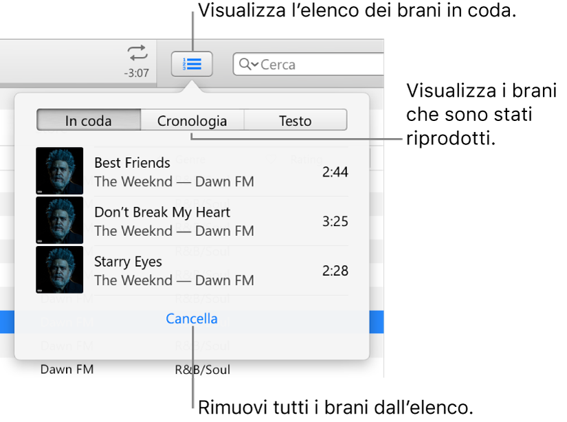 Il pulsante “In coda” nel banner che mostra l’elenco “In coda”. Puoi visualizzare il pulsante cronologia per vedere l’elenco “Riprodotti in precedenza”. Il link Cancella, alla fine dell’elenco “In coda”, consente di rimuovere tutti i brani dall’elenco.