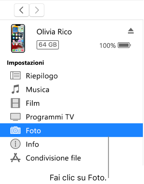 La finestra Dispositivo, con la voce Foto selezionata nella barra laterale a sinistra.