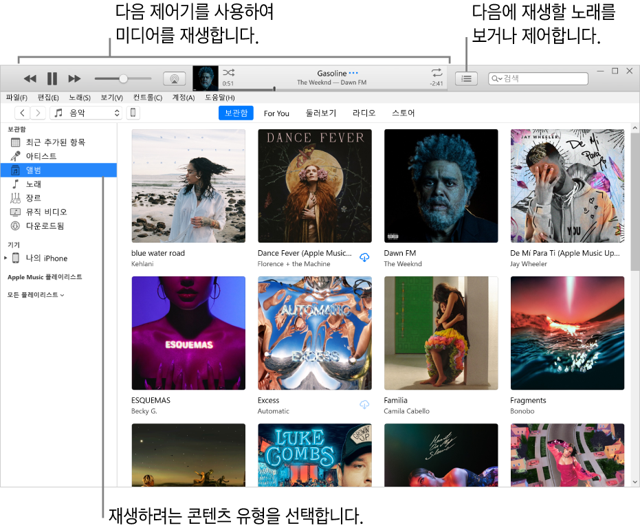 iTunes 보관함 주 창: 내비게이터에서 재생하려는 미디어 유형을 선택함(예: 음악). 상단 배너에 있는 제어기를 사용하여 미디어를 재생하고 오른쪽에 있는 재생 대기 목록 팝업 메뉴를 사용하여 보관함을 다른 방식으로 볼 수 있음.