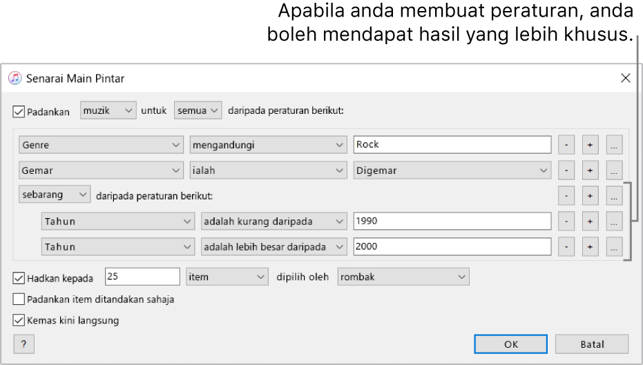 Tetingkap Senarai Main Pintar: Gunakan butang Sarang di sebelah kanan untuk mencipta peraturan tersarang tambahan untuk mendapatkan hasil yang lebih khusus.