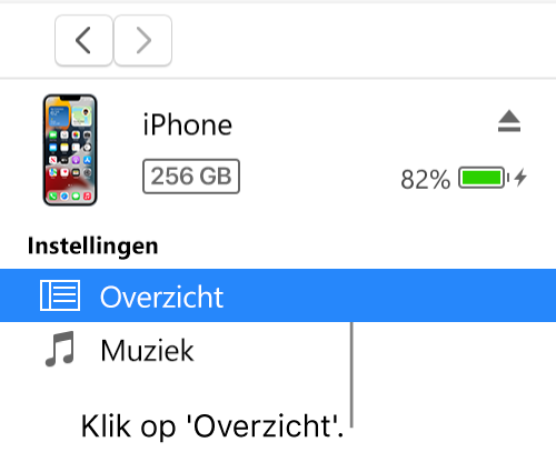 Het apparaatvenster met in de zijbalk aan de linkerkant 'Overzicht' geselecteerd.