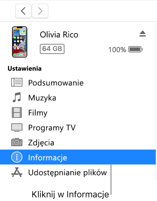 Okno Urządzenie z zaznaczoną na pasku bocznym po lewej stronie opcją Informacje.