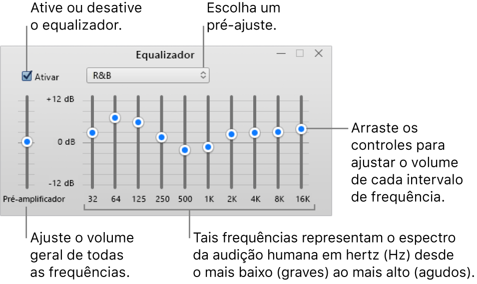 A janela do Equalizador: A caixa de seleção para ativar o equalizador do iTunes está no canto superior esquerdo. Ao seu lado, o menu local com os pré-ajustes do equalizador. Na extremidade esquerda, ajuste o volume geral das frequências com o pré-amplificador. Abaixo dos pré-ajustes do equalizador, ajuste o nível sonoro dos intervalos de frequência que representam o espectro da audição humana, do mais grave ao mais agudo.