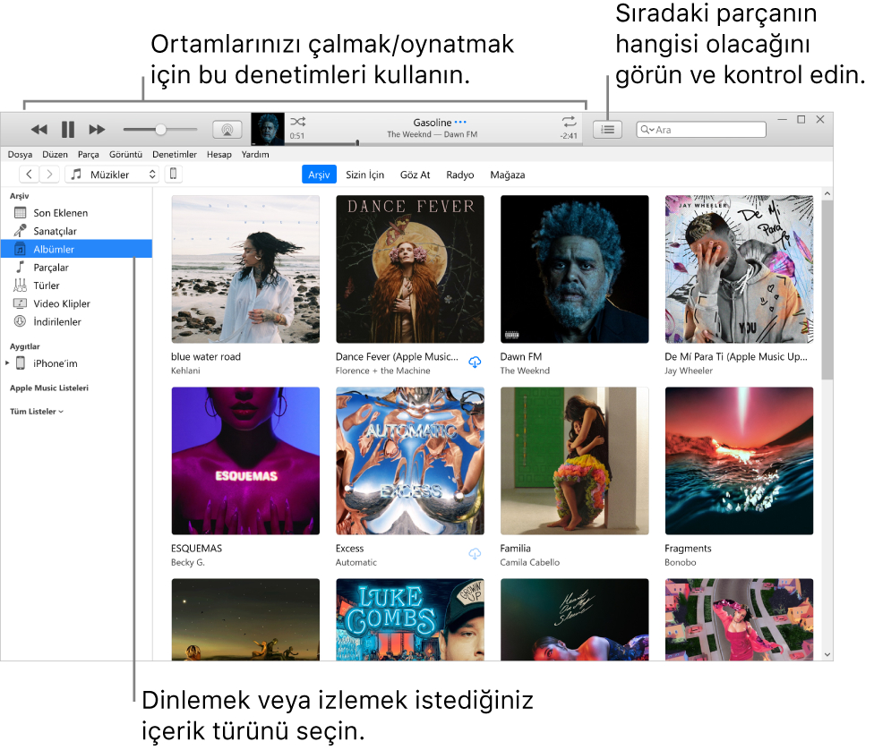 iTunes Arşivi ana penceresi: Gezginde çalınacak/oynatılacak ortam türünü (Müzik gibi) seçin. Ortamınızı çalmak/oynatmak için başlıktaki denetimleri, arşivinizi farklı yollardan görüntülemek için sağdaki Sıradaki açılan menüsünü kullanın.