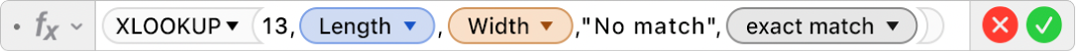 The formula editor showing the formula =XLOOKUP(13,Length,Width,"No match",0).