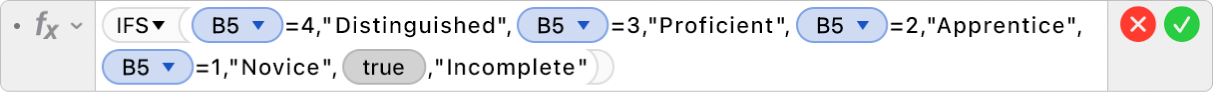 The Formula Editor showing the formula =IFS(B5=4,"Distinguished",B5=3,"Proficient",B5=2,"Apprentice+",B5=1,"Novice",TRUE,"Incomplete").