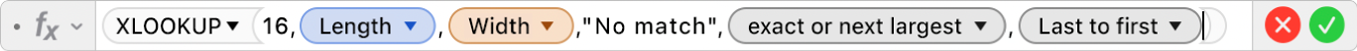 The formula editor showing the formula =XLOOKUP(16,Length,Width,"No match",1,-1).