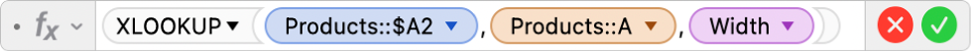 The formula editor showing the formula =XLOOKUP(Products::$A2,Products::A,Width).