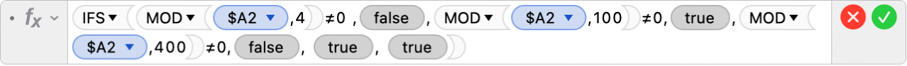 The Formula Editor showing the formula =IFS(MOD($A2,4)≠0 ,FALSE,MOD($A2,100)≠0,TRUE,MOD($A2,400)≠0,FALSE, TRUE, TRUE).