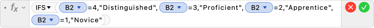 The Formula Editor showing the formula =IFS(B2=4,"Distinguished",B2=3,"Proficient",B2=2,"Apprentice",B2=1,"Novice").