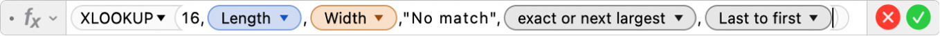 The formula editor showing the formula =XLOOKUP(16,Length,Width,"No match",1,-1).