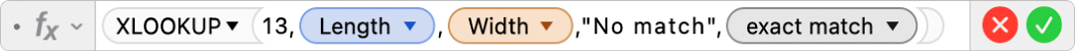 The formula editor showing the formula =XLOOKUP(13,Length,Width,"No match",0).