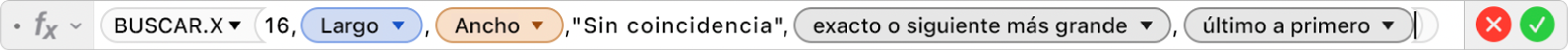 El editor de fórmulas mostrando la fórmula =BUSCAR.X(16,Longitud,Ancho,"Sin coincidencia",1,-1).