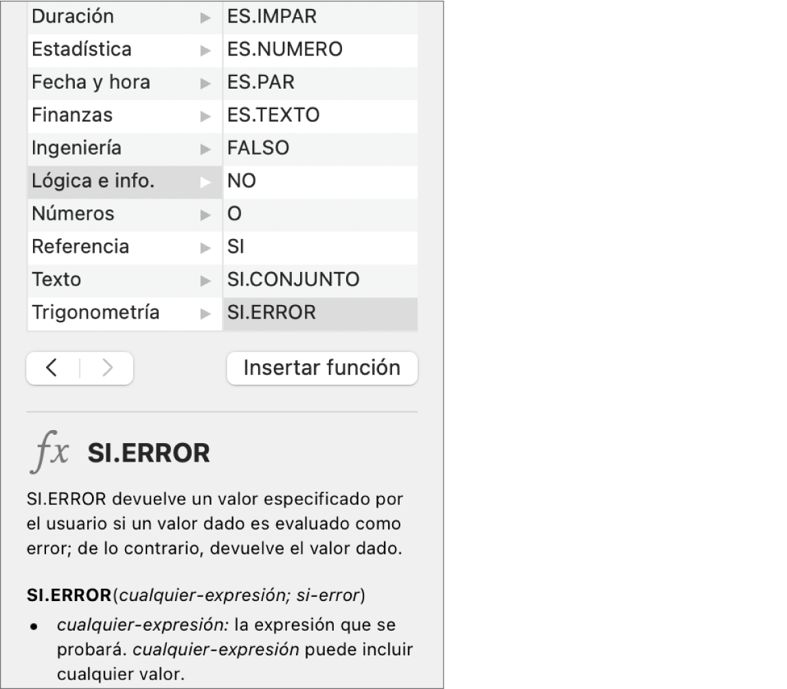 El explorador de funciones mostrando información para la función SI.ERROR.