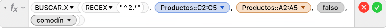 El editor de fórmulas mostrando la fórmula =BUSCAR.X(REGEX("^2.*"), Productos::C2:C5, Productos::A2:A5, FALSE,2).