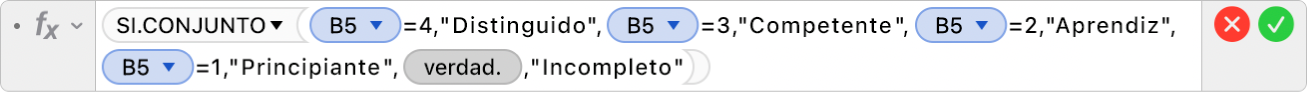 El editor de fórmulas mostrando la fórmula =SI.CONJUNTO(B5=4,"Distinguido",B5=3,"Competente",B5=2,"Aprendiz+",B5=1,"Principiante",VERDADERO,"Incompleto").