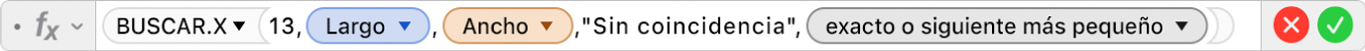 El editor de fórmulas mostrando la fórmula =BUSCAR.X(13,Longitud,Ancho,"Sin coincidencia",1,-1).