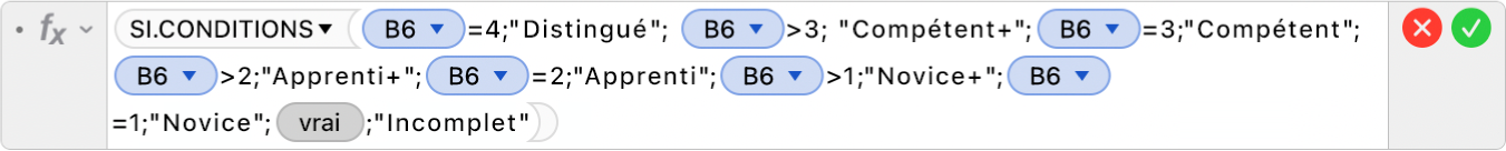L’éditeur de formules affichant la formule =SI.CONDITIONS(B6=4;"Distingué"; B6>3; "Compétent+";B6=3;"Compétent";B6>2;"Apprenti+";B6=2;"Apprenti",B6>1;"Novice+";B5=1;"Novice";VRAI;"Incomplet").