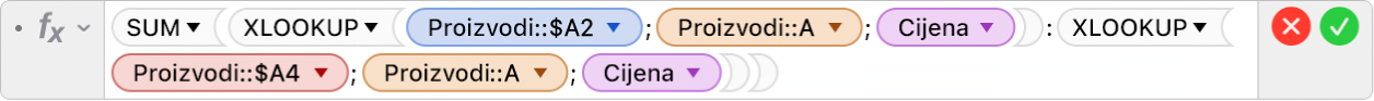 Uređivač formula prikazuje formulu =SUM(XLOOKUP(Proizvodi::$A2;Proizvodi::A;Cijena):XLOOKUP(Proizvodi::$A4;Proizvodi::A;Cijena)).