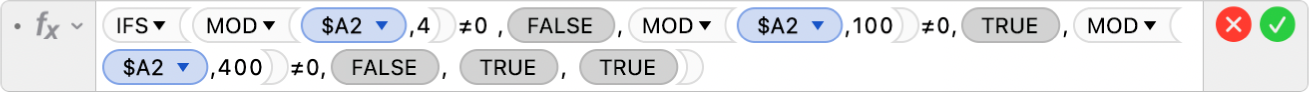 数式エディタ。「=IFS(MOD($A2,4)≠0 ,FALSE,MOD($A2,100)≠0,TRUE,MOD($A2,400)≠0,FALSE, TRUE, TRUE)」という数式が表示されています。