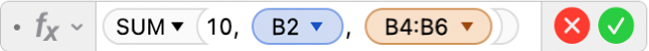 数式エディタ。「=SUM(10, B2, B4:B6)」という数式が表示されています。