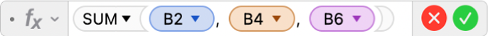 数式エディタ。「=SUM(B2, B4, B6)」という数式が表示されています。