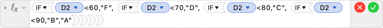 Editor Formula menunjukkan formula =IF(D2<60,"F", IF(D2<70,"D", IF(D2<80,"C", IF(D2<90,"B","A")))).