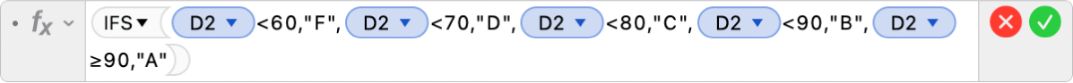 Editor Formula menunjukkan formula =IFS(D2<60,"F",D2<70,"D",D2<80,"C",D2<90,"B",D2≥90,"A").