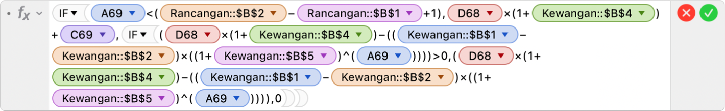 Editor Formula, menunjukkan keadaan dan kad bebas seperti < dan ^ yang digunakan dengan fungsi IF.