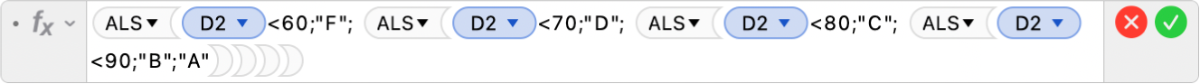 De formule-editor met de formule =ALS(D2<60;"F"; ALS(D2<70;"D"; ALS(D2<80;"C"; ALS(D2<90;"B";"A")))).