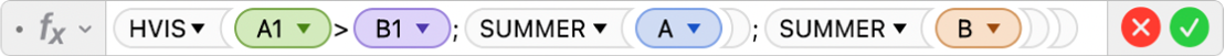 Formelredigeringen viser formelen =HVIS(A2>B2;SUMMER(A);SUMMER(B).