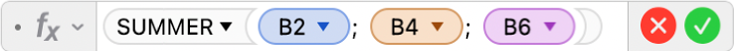 Formelredigeringen viser formelen =SUMMER(B2; B4; B6).
